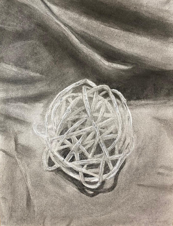 Twine Ball A charcoal drawing of a ball of twine on a fabric background.