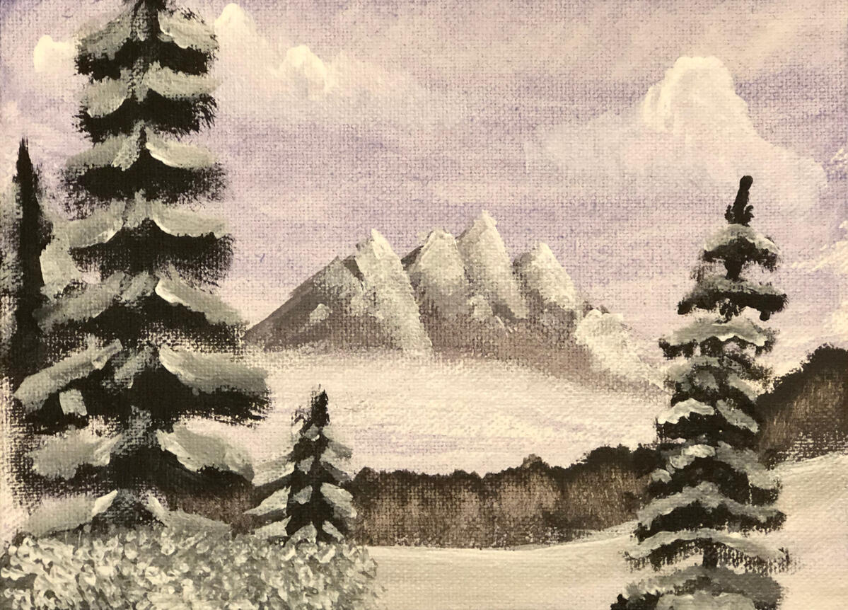 Landscape Painting An acrylic painting of a snowy landscape with trees and mountains.